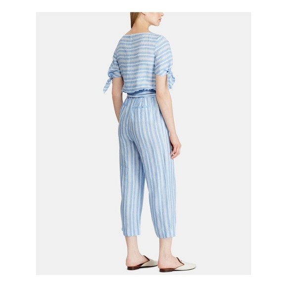 Lauren Ralph Lauren Blue & White Striped 100% Linen Wife Leg Jumpsuit Size 10 - Picture 2 of 7